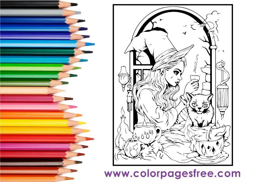 Halloween Witch with Cat Coloring Page 190